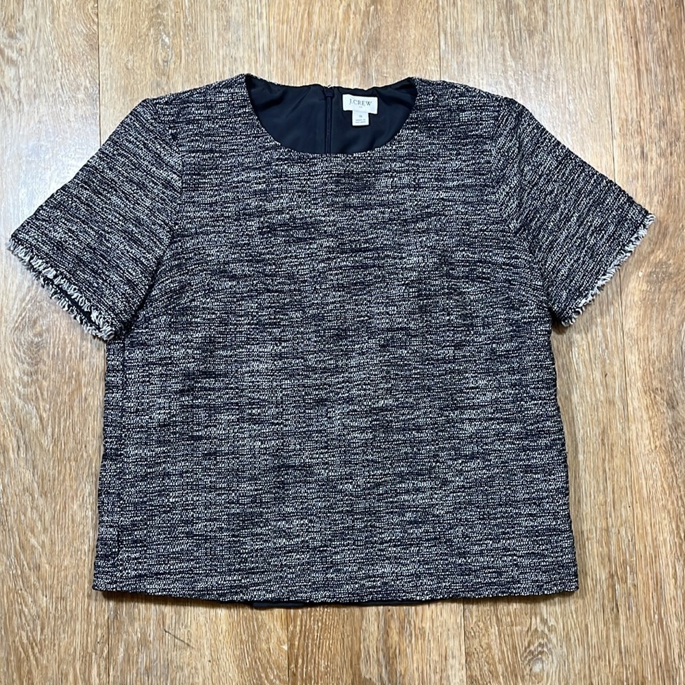 J. Crew Navy Blue Tweed Short Sleeve Fringe Cotton Lined Top Shirt Small EUC - Picture 4 of 14